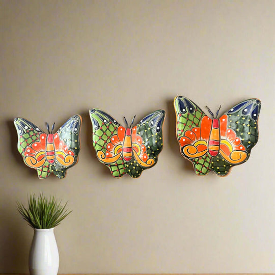 Set of 3 Talavera Butterfly Wall Art | Mexican Wall Hangings - hand-painted Talavera ceramic butterfly trio from Guanajuato
