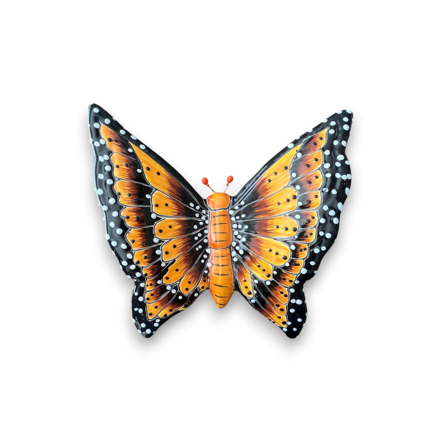 Set of 3 Talavera Butterfly Wall Hangings | Handmade Ceramic Decor - single orange-black hand-painted Talavera butterfly wall hanging