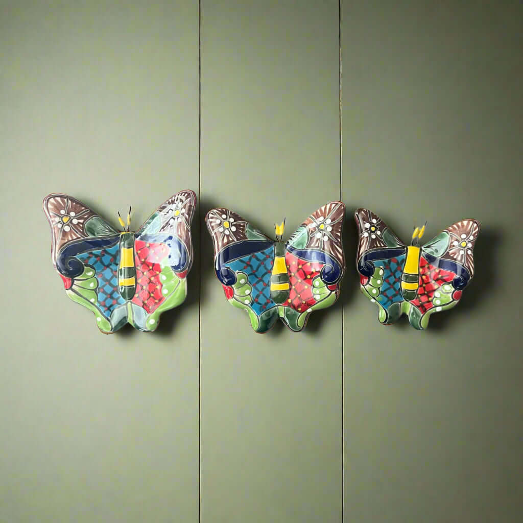 Set of 3 Talavera Butterfly Wall Art | Mexican Wall Hangings - hand-painted Talavera ceramic butterflies, colorful Mexican wall decor, kiln-fired lead-free glaze