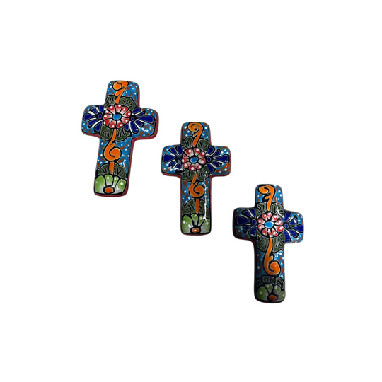 Set of 3 Talavera Crosses | Handcrafted Mexican Spiritual Art (Small) hand-painted colorful Talavera crosses mounted on an exterior wall