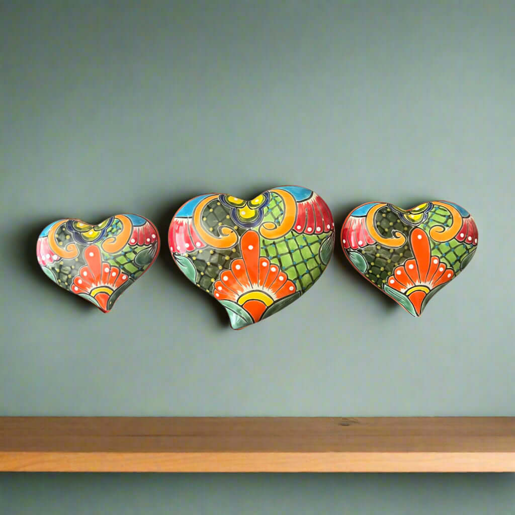 Set of 3 Talavera Heart Wall Hanging | Wall Art Decor — hand-painted colorful ceramic hearts from Guanajuato, Mexico, lead-free glaze
