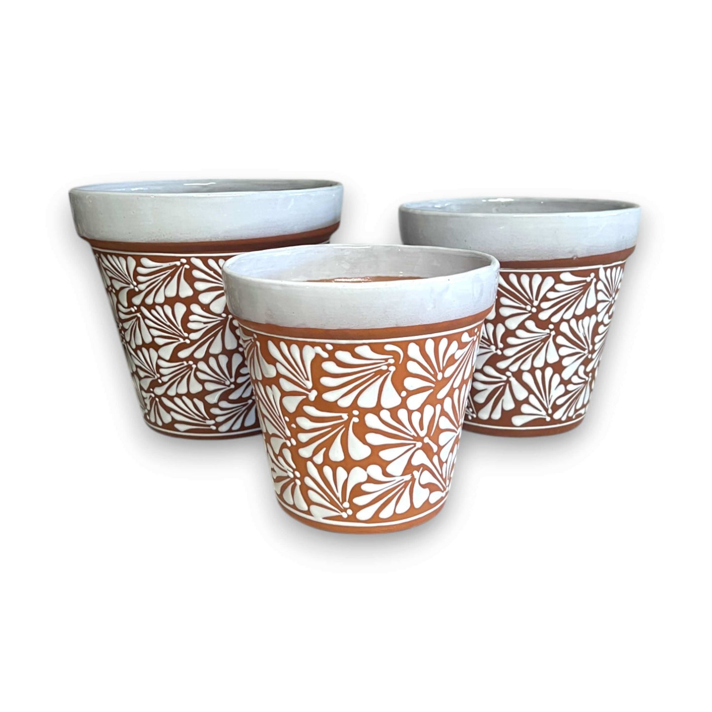 Set of 3 Talavera Flower Pots | Brown & White Terracotta Planters - handcrafted brown terracotta pots with white floral Talavera brushwork