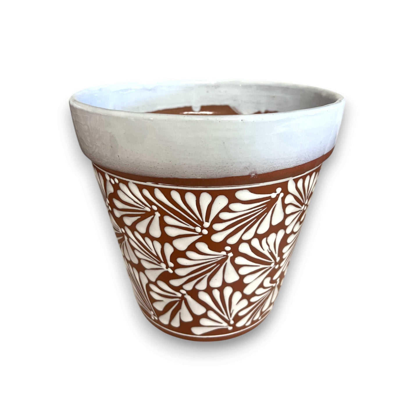 Set of 3 Talavera Flower Pots | Brown & White Terracotta Planters handcrafted brown terracotta pot with white floral Talavera brushwork