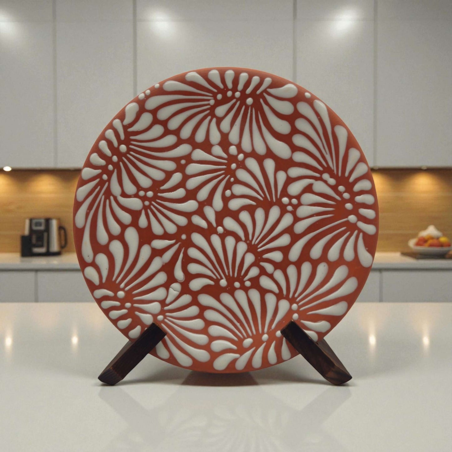 Set of 4 Brown & White Talavera Wall Plates | 10" Decorative Display — hand-painted brown & white 10-inch floral swirl plate on stand, Talavera from Guanajuato