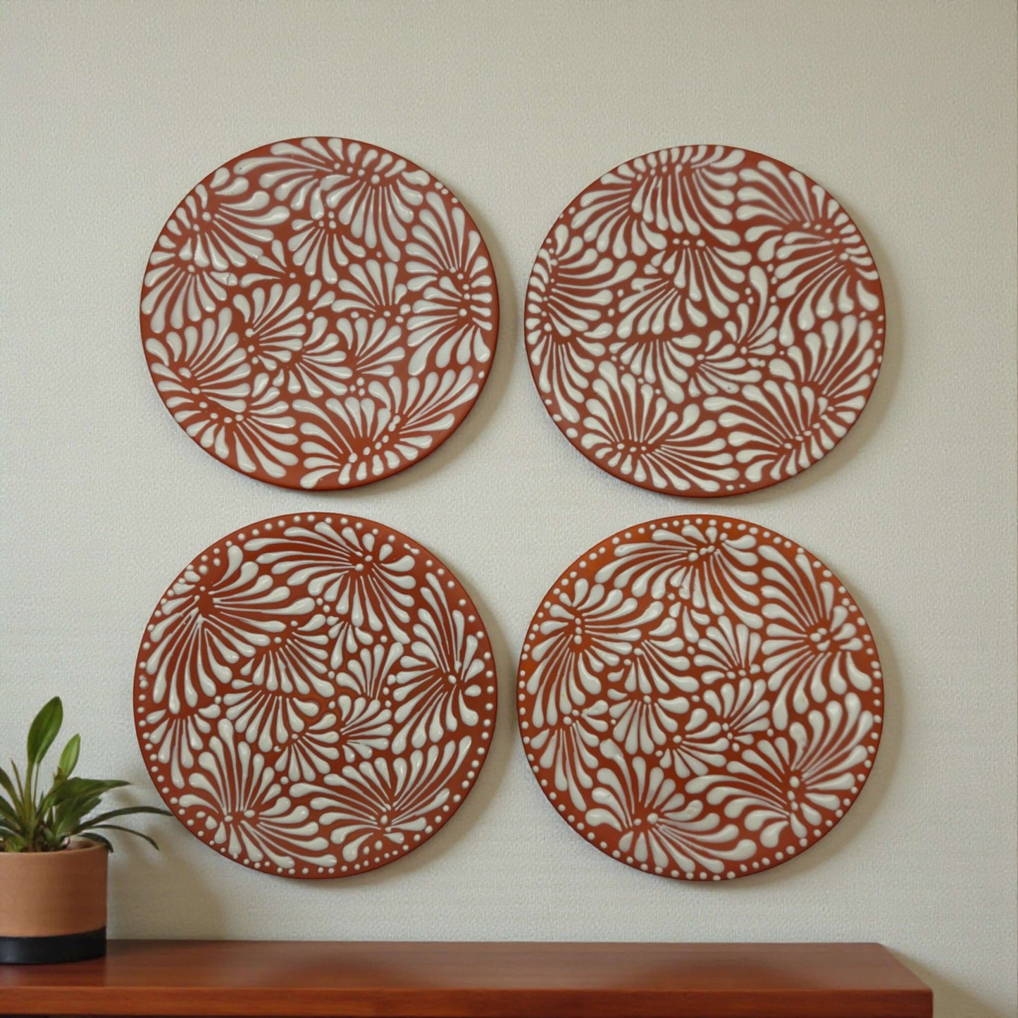 Set of 4 Brown & White Talavera Wall Plates | 10" Decorative Display - hand-painted brown & white floral swirl ceramic wall plates, set of four
