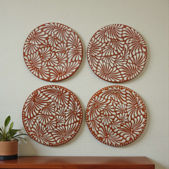 Set of 4 Brown & White Talavera Wall Plates | 10" Decorative Display - hand-painted brown & white floral swirl ceramic wall plates, set of four