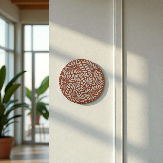 Set of 4 Brown & White Talavera Wall Plates | 10" Decorative Display - single brown floral 10" Talavera plate hung in sunlit room
