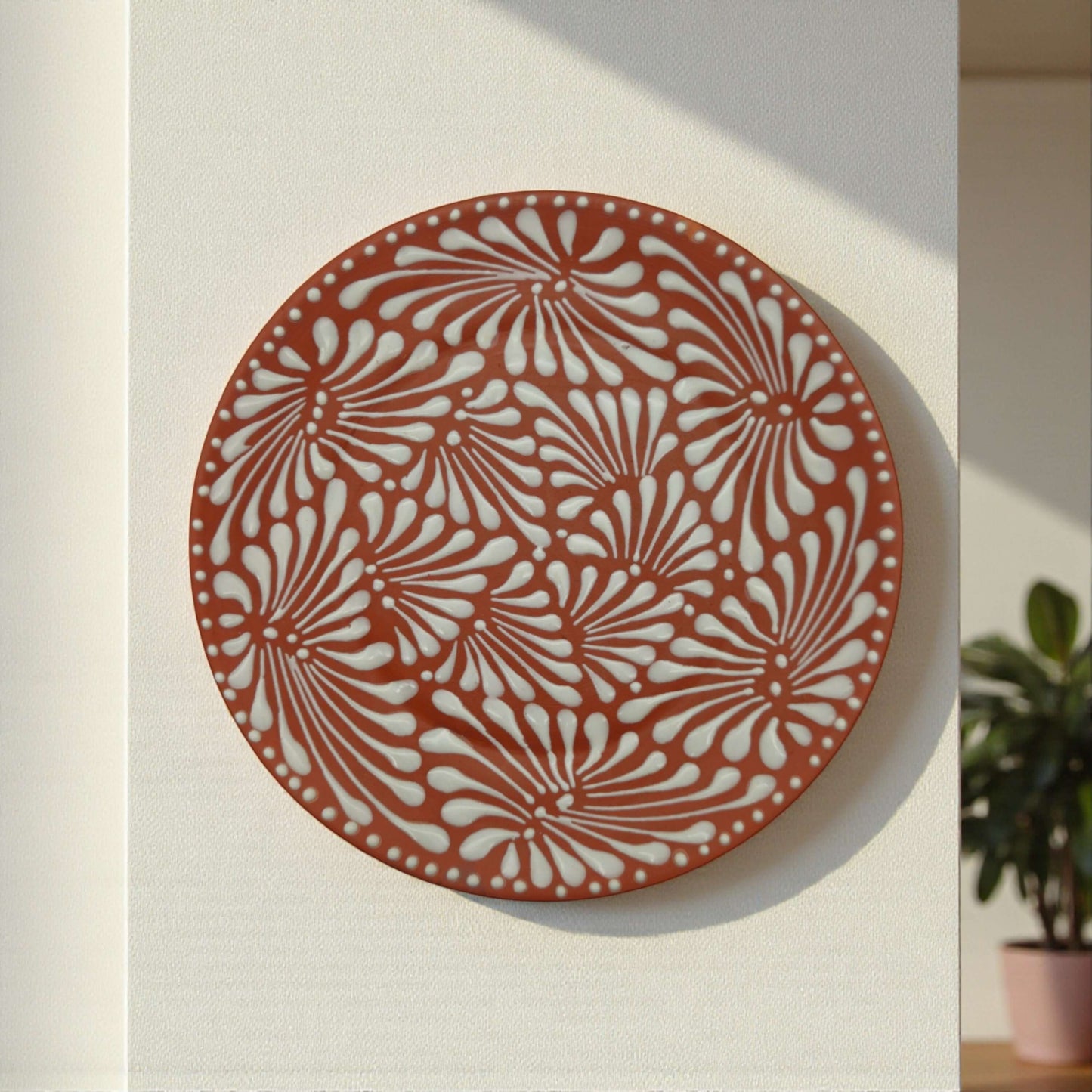 Set of 4 Brown & White Talavera Wall Plates | 11.5" Decorative  Plates — hand-painted brown and white floral Talavera wall plate, matte finish, kiln-fired