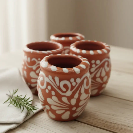 Set of 4 Brown & White Talavera Shot Glasses | Handcrafted Cantarito Set - handcrafted Mexican brown and white glazed cantarito shot glasses