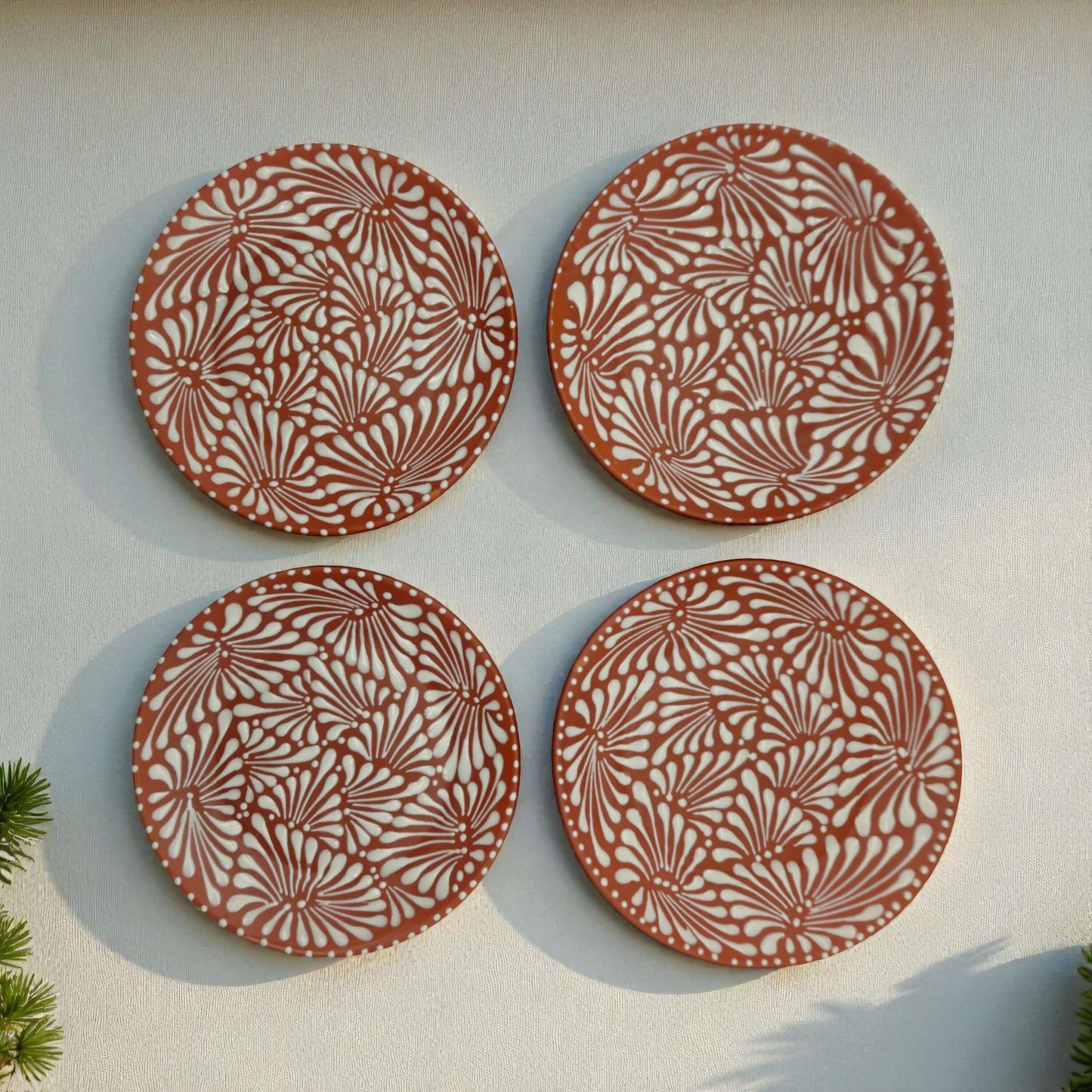 Set of 4 Brown & White Talavera Wall Plates | 11.5" Decorative  Plates - hand-painted brown and white floral Talavera wall display