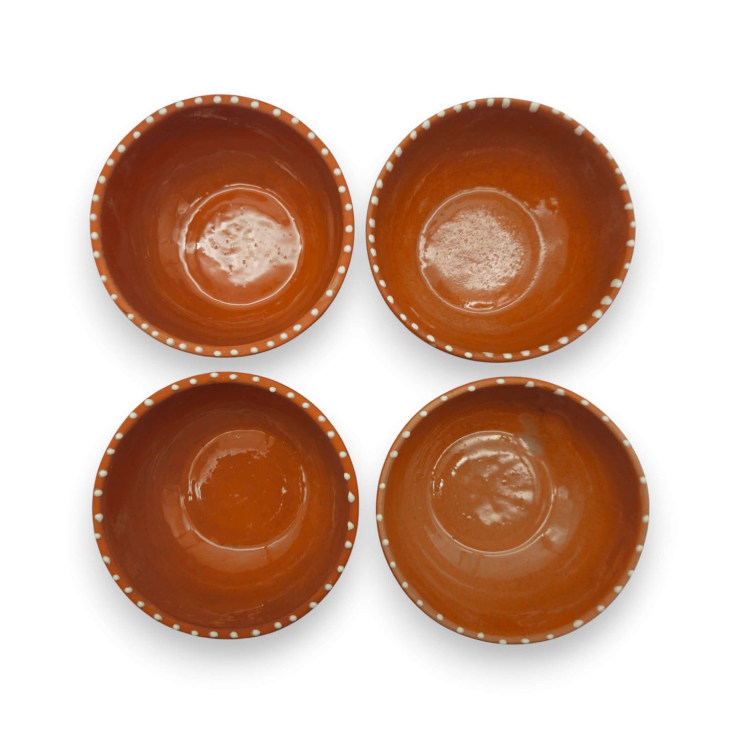 Set of 4 Handcrafted Brown & White Talavera Bowls | Artisan Dinnerware - top view of four rustic brown glazed bowls with white petal dots