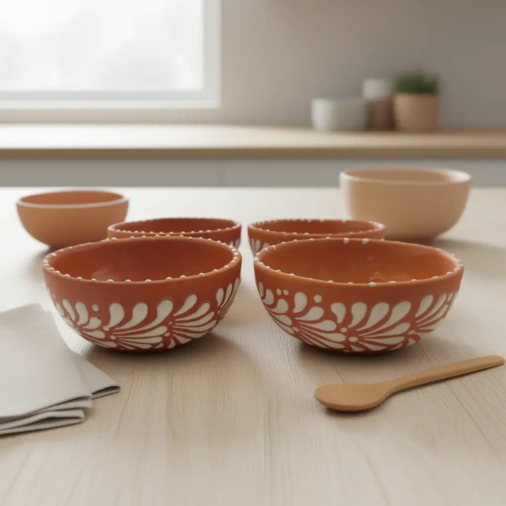Set of 4 Handcrafted Brown & White Talavera Bowls | Artisan Dinnerware - four artisan brown and white patterned Talavera bowls staged on a wooden table