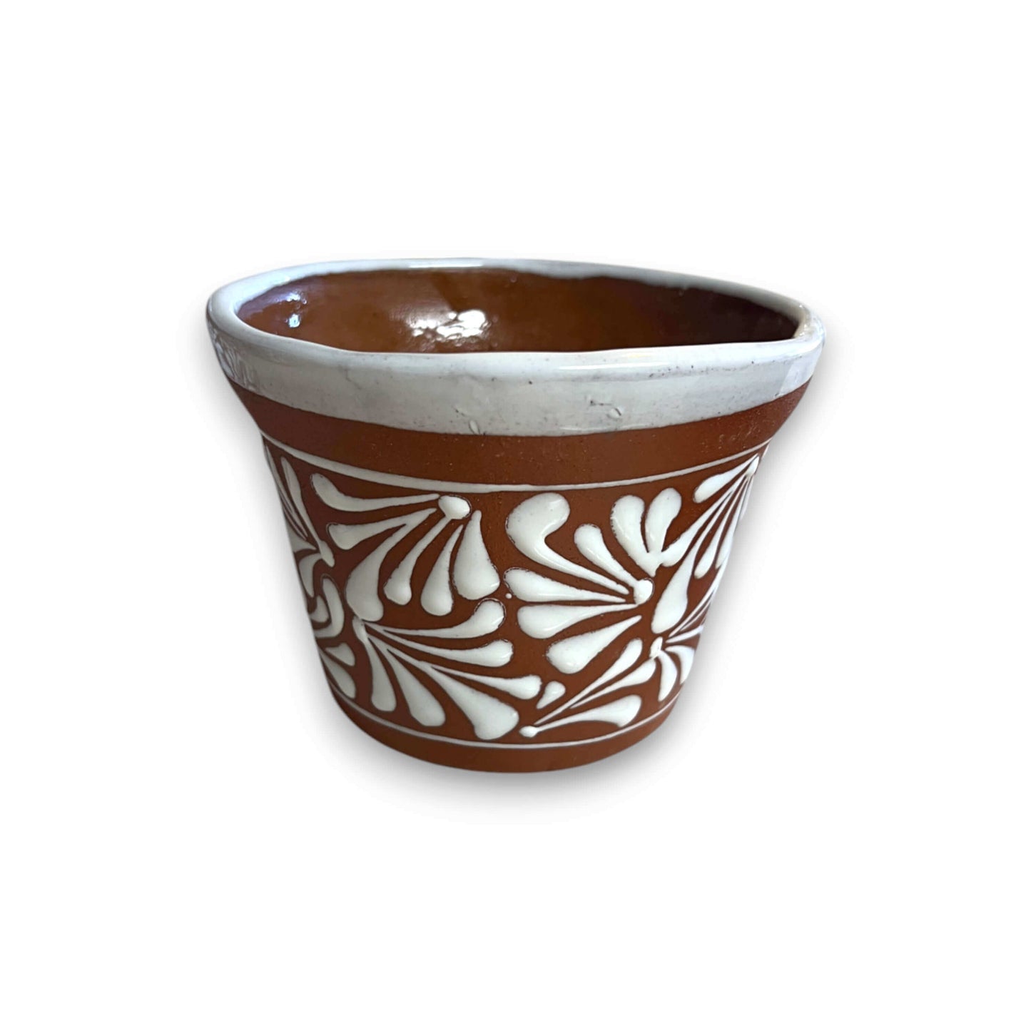 Set of 4 Talavera Flower Pots | Brown & White Terracotta Planters - handcrafted brown terracotta pot with white floral Talavera design