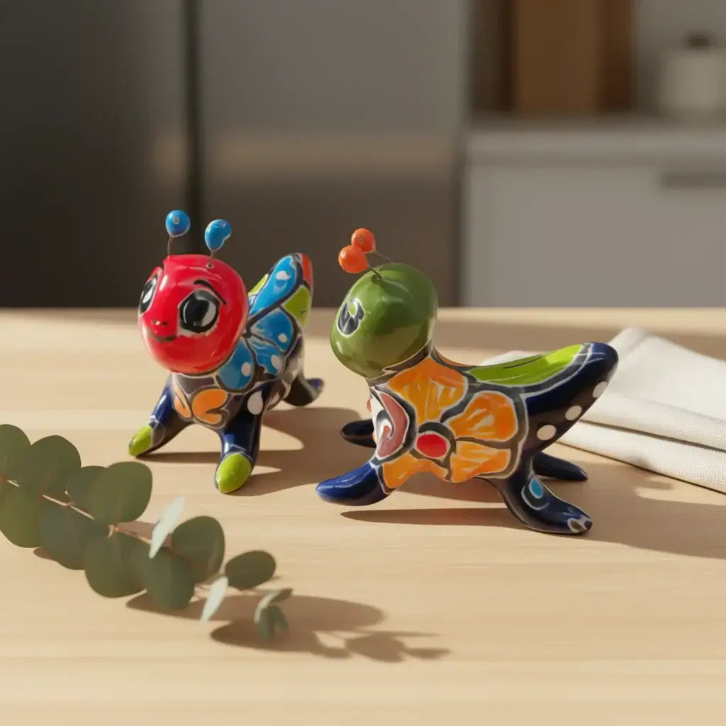 Set of 2 Colorful Talavera Crickets | Mexican Ceramic Art — hand-painted blue, red and green ceramic cricket pair with floral Talavera patterns