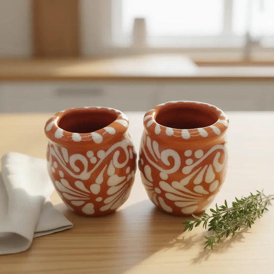 Set of 4 Brown & White Talavera Shot Glasses | Handcrafted Cantarito Set - two brown and white handcrafted Talavera cantarito shot glasses on wooden table
