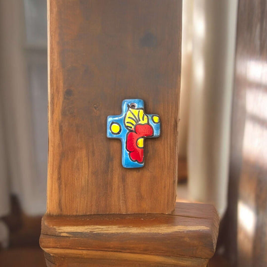 Set of 2 Tiny Talavera Crosses | Handcrafted Mexican Art - hand-painted blue cross with red flower on wooden post