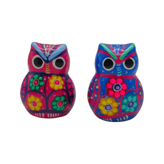 Colorful ceramic owl salt and pepper shakers with floral designs on white