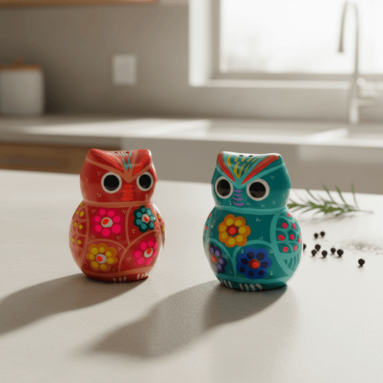 Hand-painted owl pottery salt and pepper shakers in a bright tabletop setting