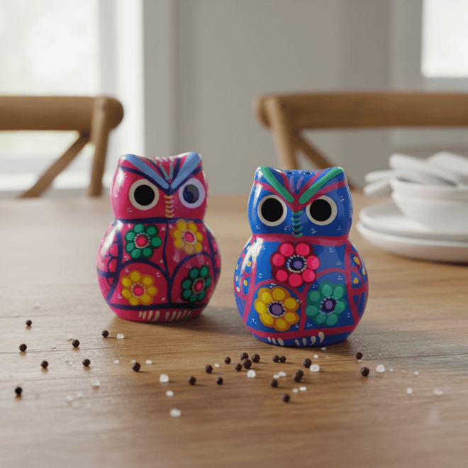 Pair of colorful owl salt and pepper shakers displayed on a dining table