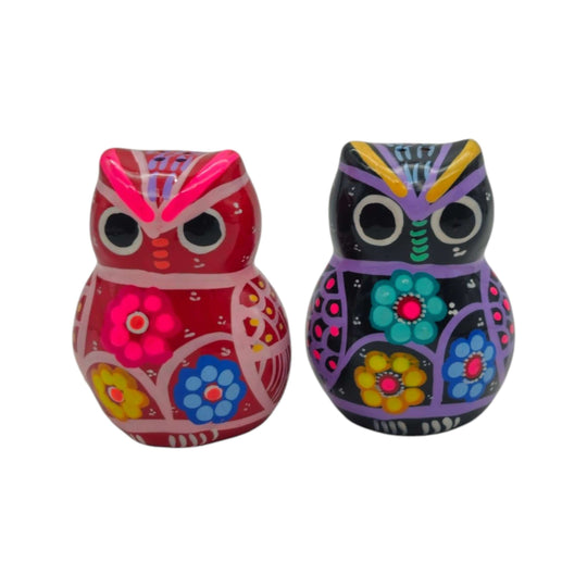 Two hand-painted owl salt and pepper shakers shown against a white background