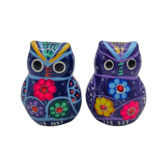 Hand-painted owl shaker pair featuring folk-art floral and geometric decoration