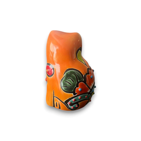 Set of 2 Talavera Cat Statues | Small Handmade Mexican Figurines - orange hand-painted Talavera cat figurine with floral patterns