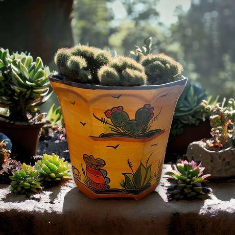 Set of 3 Vibrant Talavera Planters | Hand-Painted Desert Landscape Pottery - hand-painted yellow Talavera cactus planter with succulents