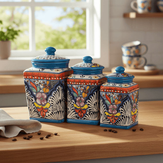 Set of 3 Light Blue Talavera Canister Set - lifestyle product view 1