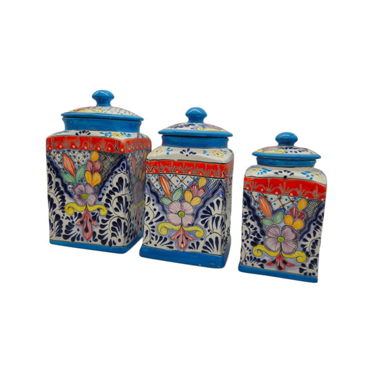 Set of 3 Light Blue Talavera Canister Set - white background product view 5