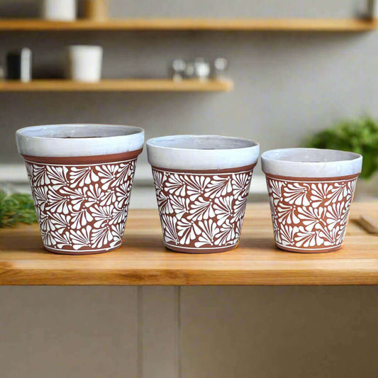 Set of 3 Talavera Flower Pots | Brown & White Terracotta Planters - handcrafted Mexican terracotta planters with white floral Talavera design