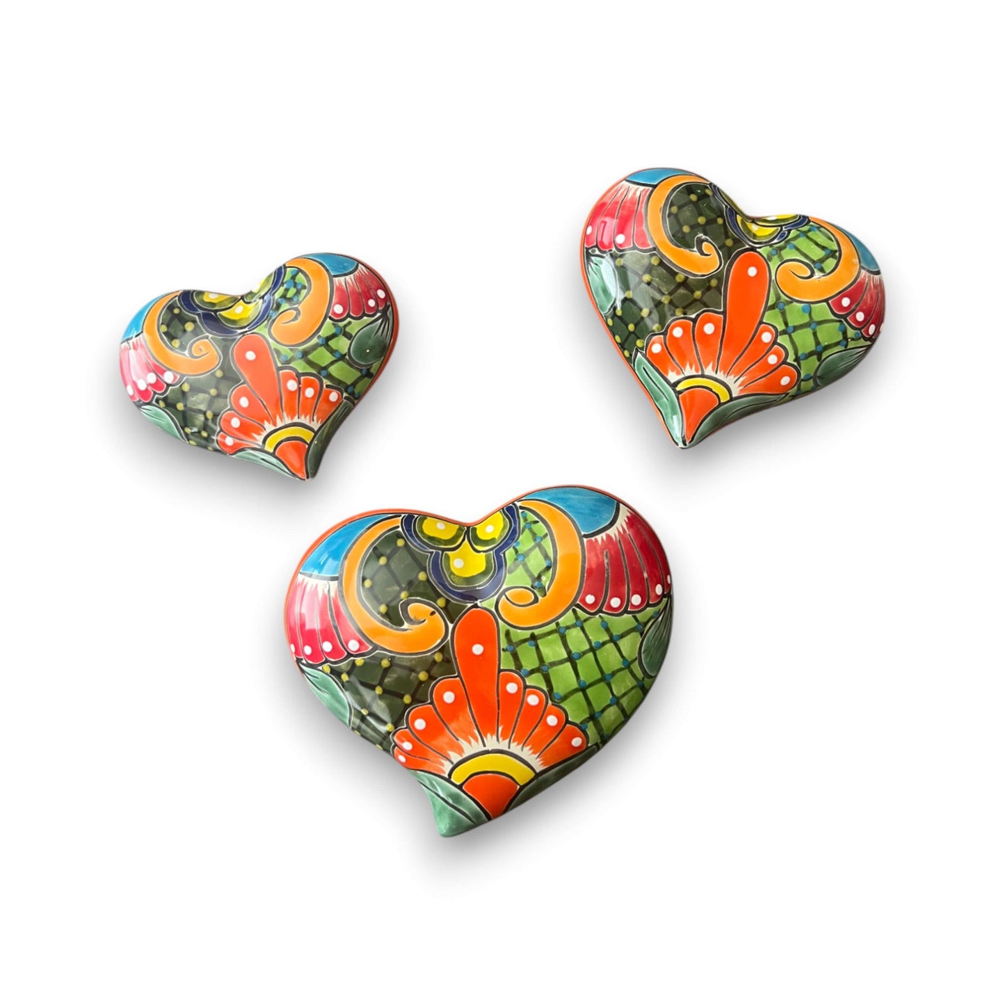 Set of 3 Talavera Heart Wall Hanging | Wall Art Decor - hand-painted colorful ceramic hearts from Guanajuato, lead-free glazed decorative wall set