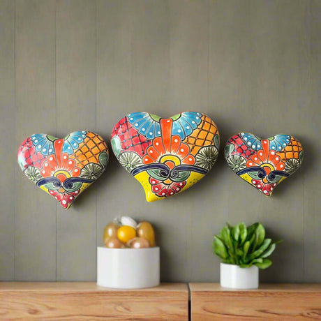 Set of 3 Talavera Heart Wall Hanging | Wall Art Decor - hand-painted vibrant Mexican ceramic hearts, lead-free glaze, Guanajuato craftsmanship