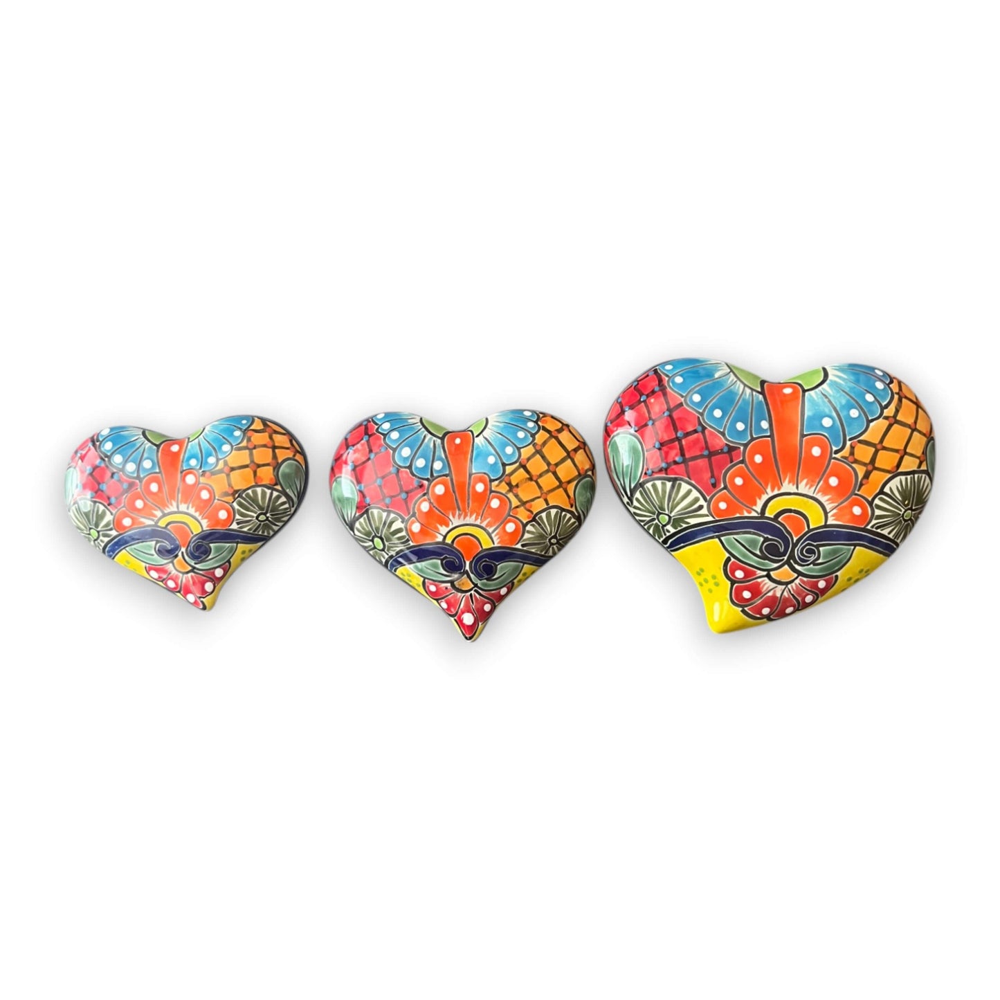 Set of 3 Talavera Heart Wall Hanging | Wall Art Decor — hand-painted vibrant ceramic hearts from Guanajuato, Mexico