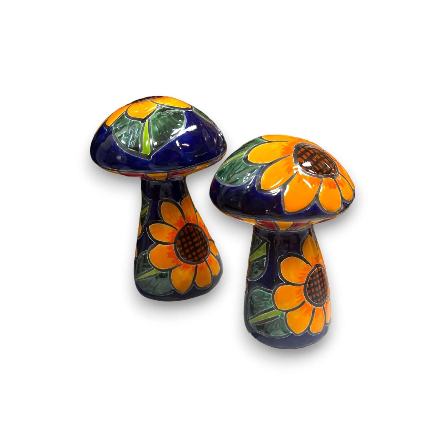 Set of 3 Talavera Mushrooms | Colorful Sunflower Art - hand-painted Talavera ceramic mushroom set with bright sunflower design from Guanajuato, Mexico