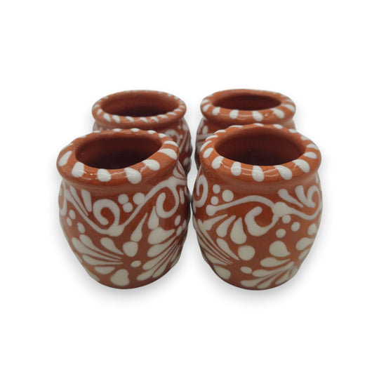 Set of 4 Brown & White Talavera Shot Glasses | Handcrafted Cantarito Set - handcrafted Mexican brown and white cantarito shot glasses