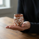 Set of 4 Brown & White Talavera Shot Glasses | Handcrafted Cantarito Set - handcrafted brown and white Talavera cantarito held in hand