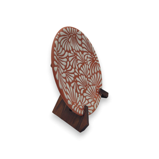 Set of 4 Brown & White Talavera Wall Plates | 10" Decorative Display — hand-painted 10" brown & white floral Talavera plate on wooden stand