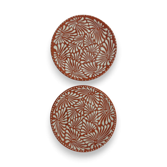 Alt Tag: Set of 4 Brown & White Talavera Wall Plates | 11.5" Decorative  Plates - two brown and white hand-painted Talavera plates with swirling floral pattern