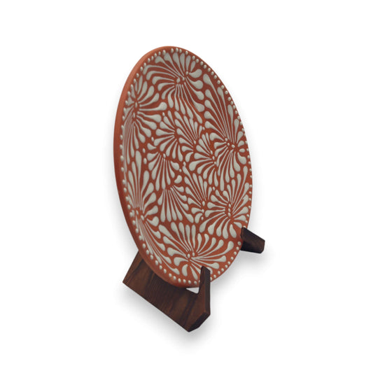 Set of 4 Brown & White Talavera Wall Plates | 11.5" Decorative  Plates - hand-painted brown & white floral Talavera plate on wooden stand
