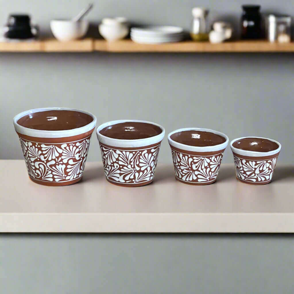 Set of 4 Talavera Flower Pots | Brown & White Terracotta Planters - handcrafted brown terracotta pots with white floral Talavera design