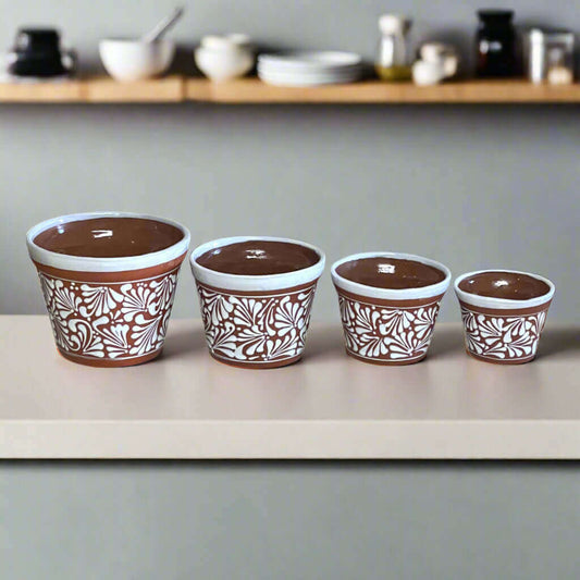 Set of 4 Talavera Flower Pots | Brown & White Terracotta Planters - handcrafted brown terracotta pots with white floral Talavera design