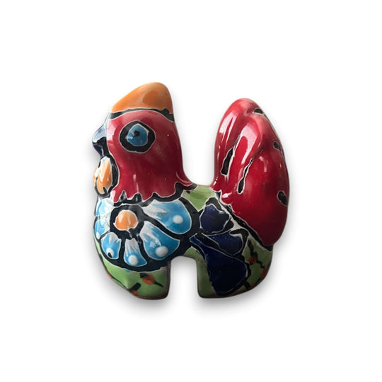 Talavera Chicken Pot Hanger | Small Handmade Mexican Garden Decor - colorful hand-painted Talavera chicken hanger, red and blue floral glaze