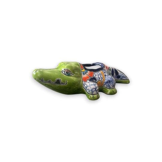 Small Talavera Alligator Planter | Handmade Mexican Ceramic Reptile hand-painted green Talavera ceramic alligator planter, small decorative indoor garden piece