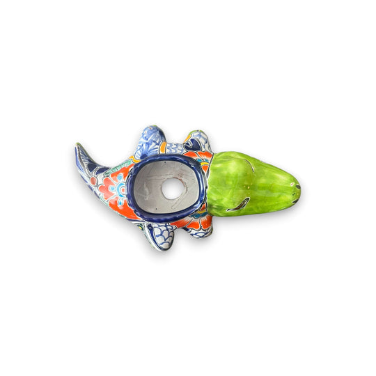Small Talavera Alligator Planter | Handmade Mexican Ceramic Reptile - hand-painted Talavera ceramic alligator planter with vibrant blue, orange and green glaze