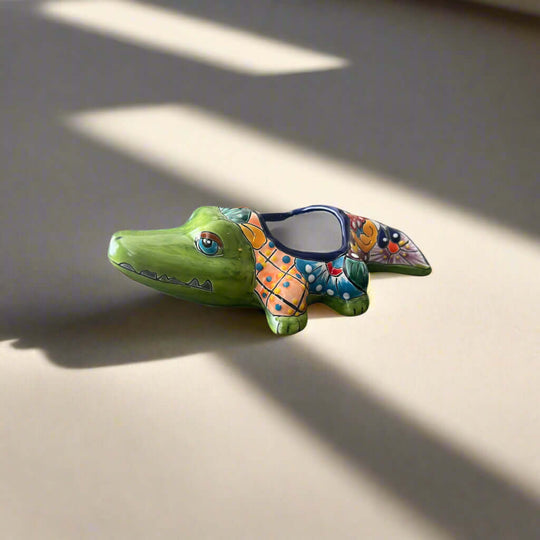 Small Talavera Alligator Planter | Handmade Mexican Ceramic Reptile - hand-painted Talavera ceramic alligator planter, kiln-fired, lead-free glaze, Guanajuato