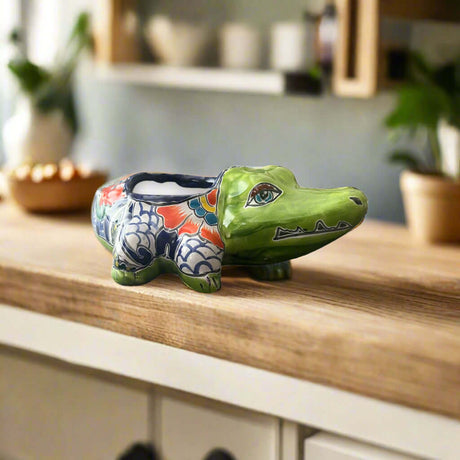 Small Talavera Alligator Planter | Handmade Mexican Ceramic Reptile - hand-painted Talavera alligator planter in vibrant colors, lead-free glazed