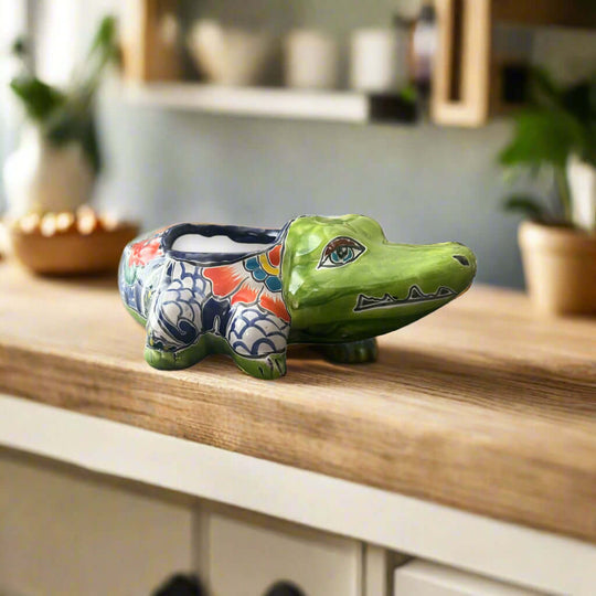 Handmade Talavera Alligator Planter Artistic Mexican Ceramic