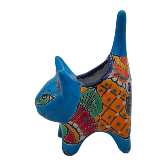 Blue Talavera cat planter with colorful floral and geometric details