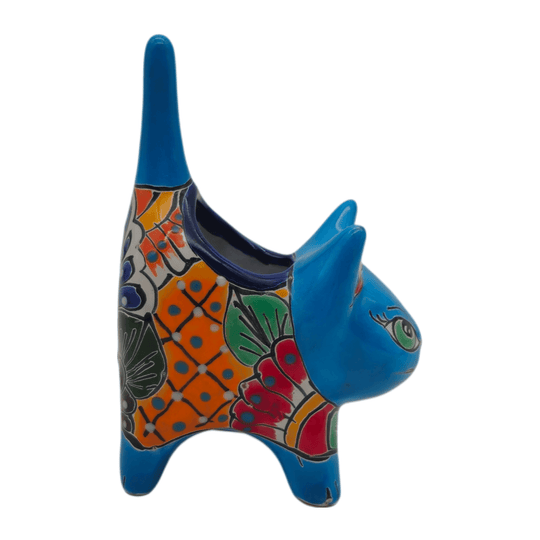 Blue Talavera cat planter shown in side profile on a white background
