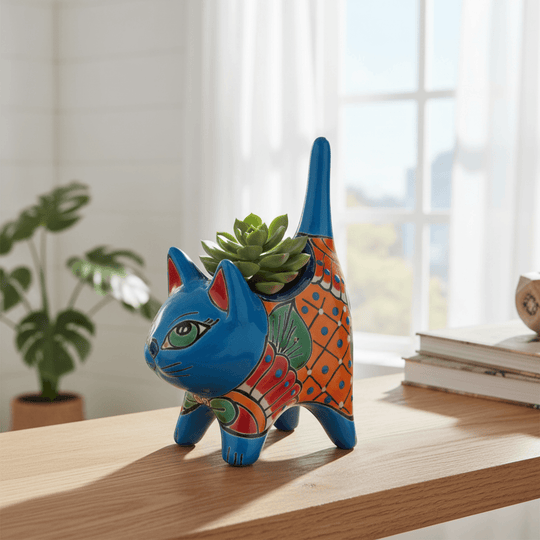 Small Talavera Cat Planter - lifestyle product view 1